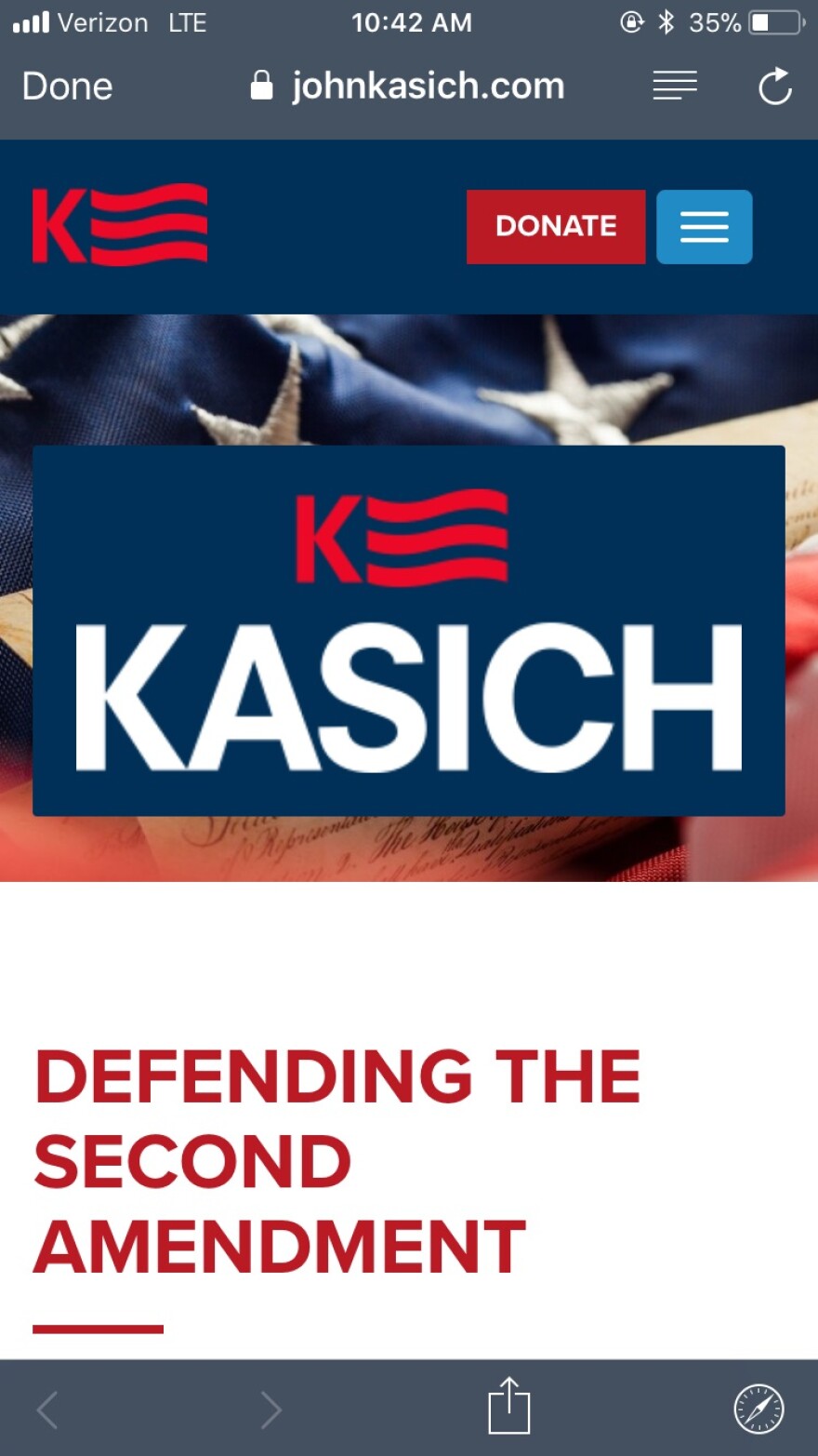Screenshots of John Kasich's website before and after he changed the Second Amendment section of his campaign website.